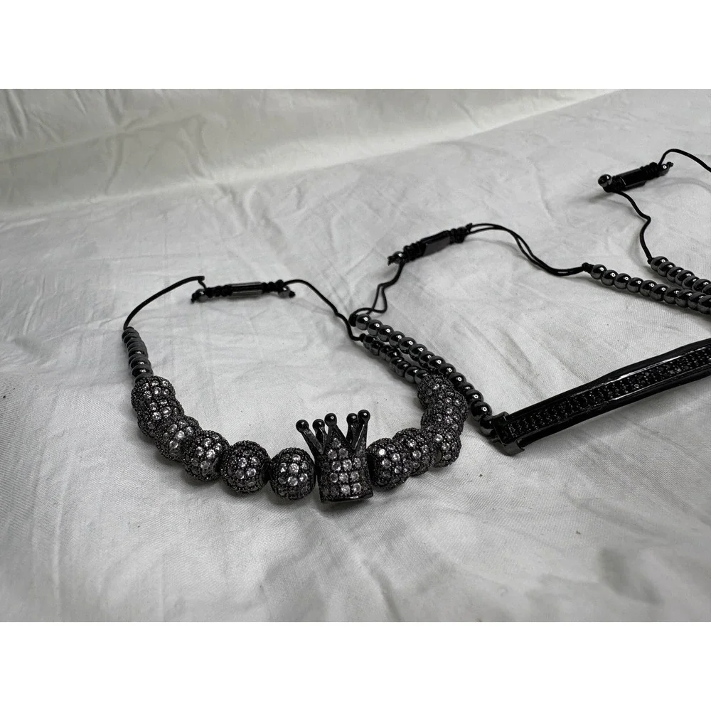 Mens Black Beaded Bracelets Crown Bar Square Accent Set 3